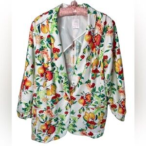 LC Lauren Conrad Shawl Collar Blazer Fruit Pattern Ruched 3/4 Sleeve Size Large